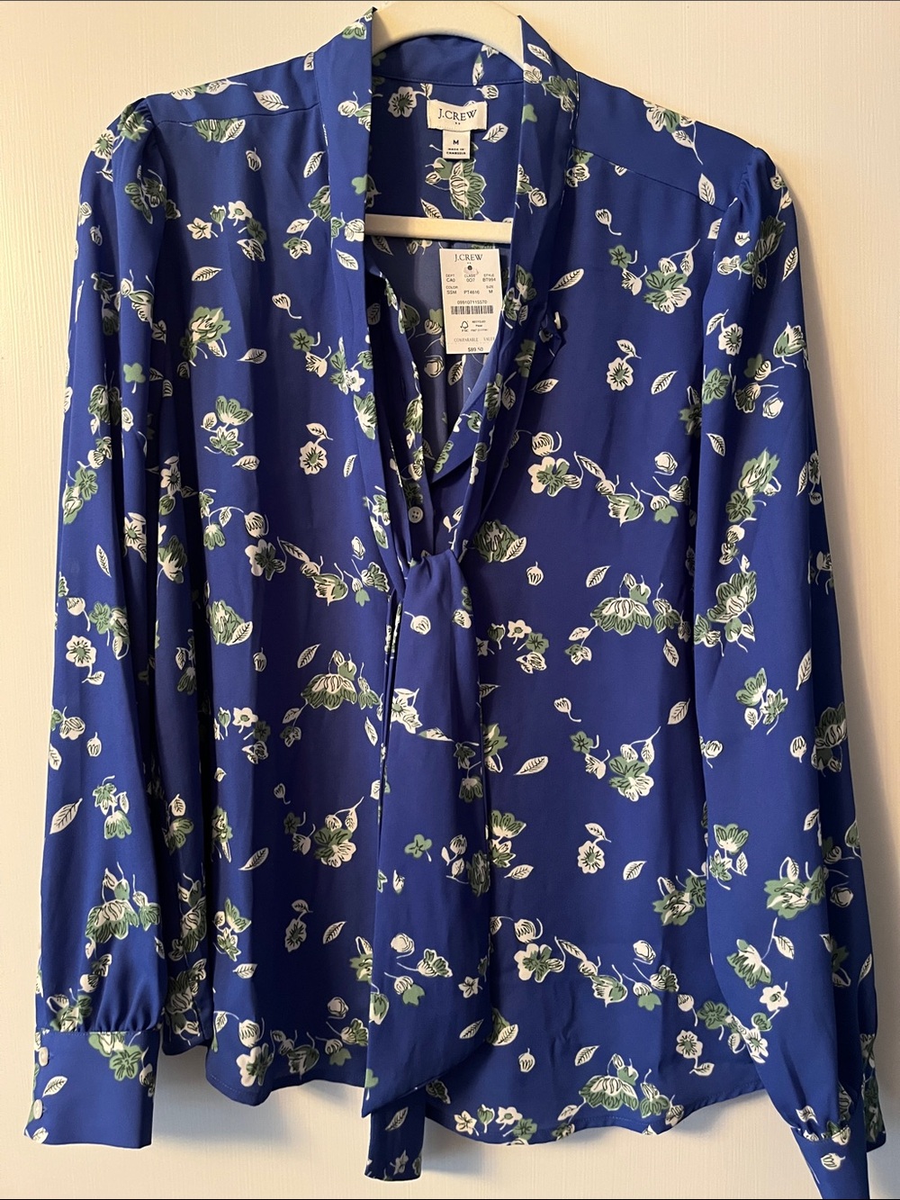 NWT J. Crew Royal Blue Floral Tie-Neck Blouse
